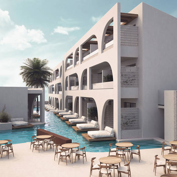 Dore Hotel exterior with poolside lounders and outdoor sitting area 3D