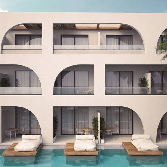 Dore hotel pool area with in-water loungers 3D