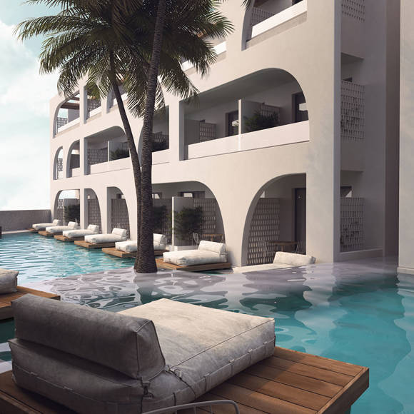 Close up of Dore hotel pool area 3D