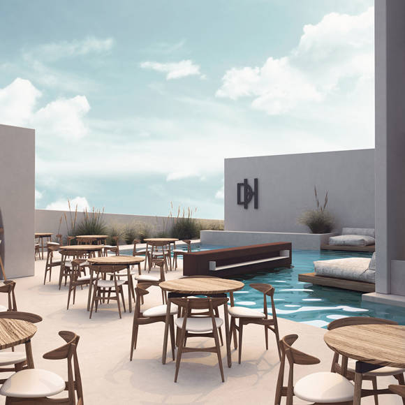 Dore Hotel exterior with outdoor sitting area 3D