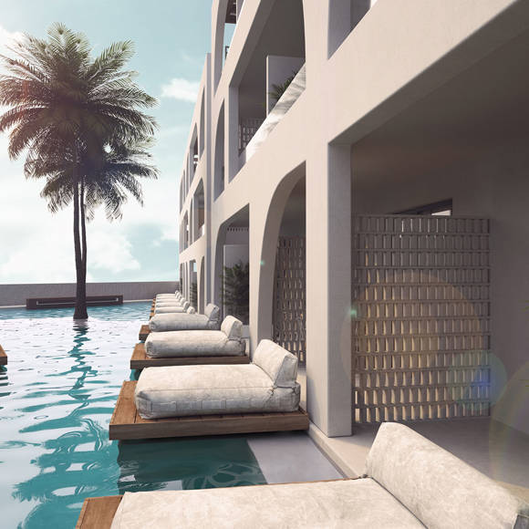Close up of Dore hotel pool area 3D