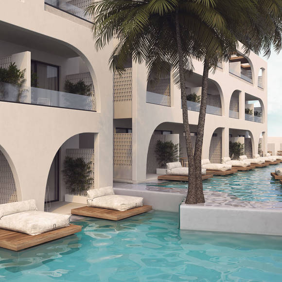 Close up of Dore hotel pool area 3D